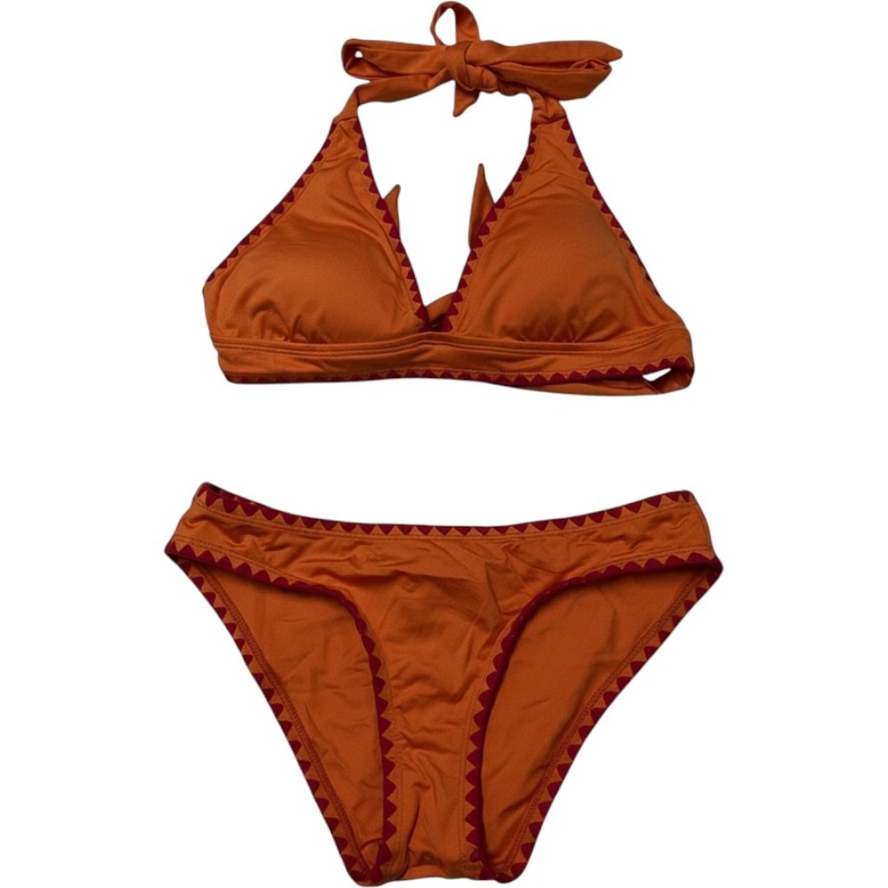 Lucky Brand Bikini Orange Pink Crochet Trim Swimsuit Size S Cheeky Boho Resort